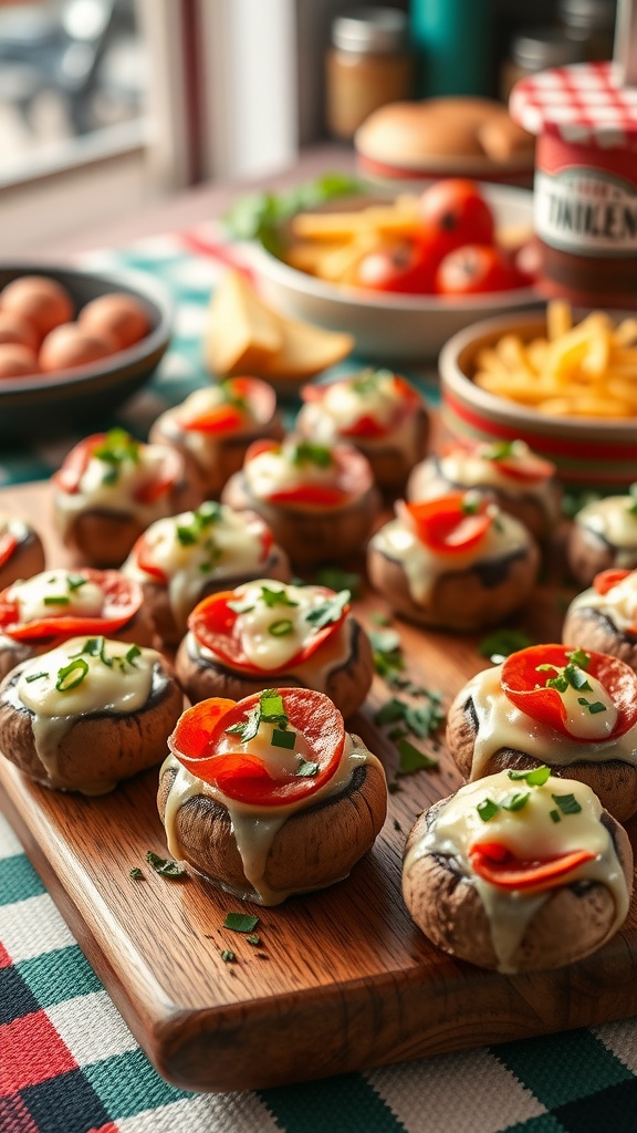 Delicious pepperoni and cheese stuffed mushrooms on a wooden platter.