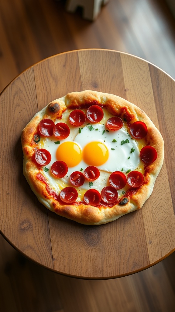 Pepperoni and egg breakfast pizza on a wooden table.