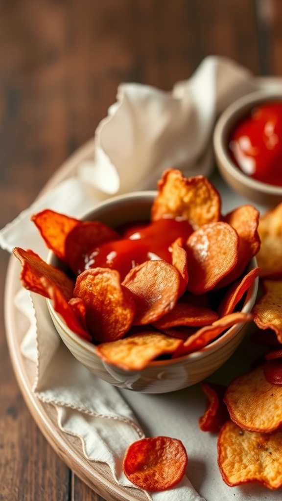 A platter of crispy pepperoni chips served with dipping sauce.