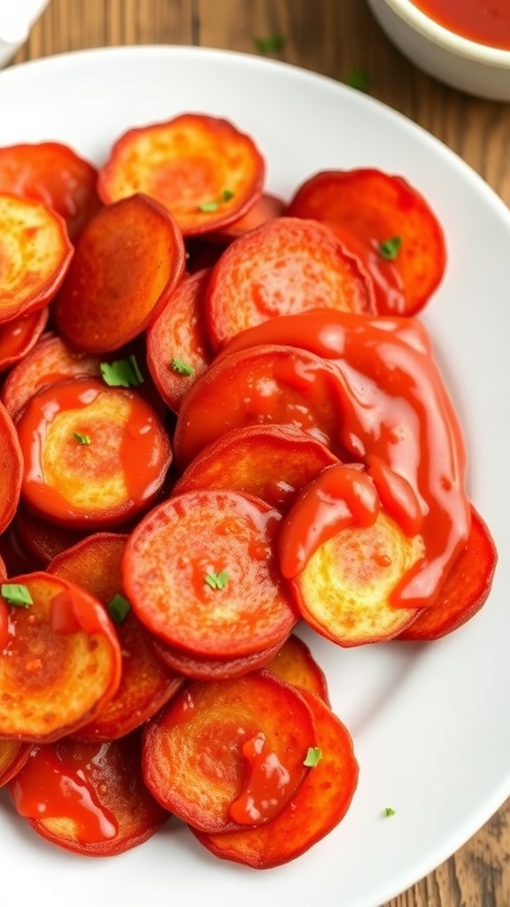 A plate of pepperoni chips with dipping sauce.