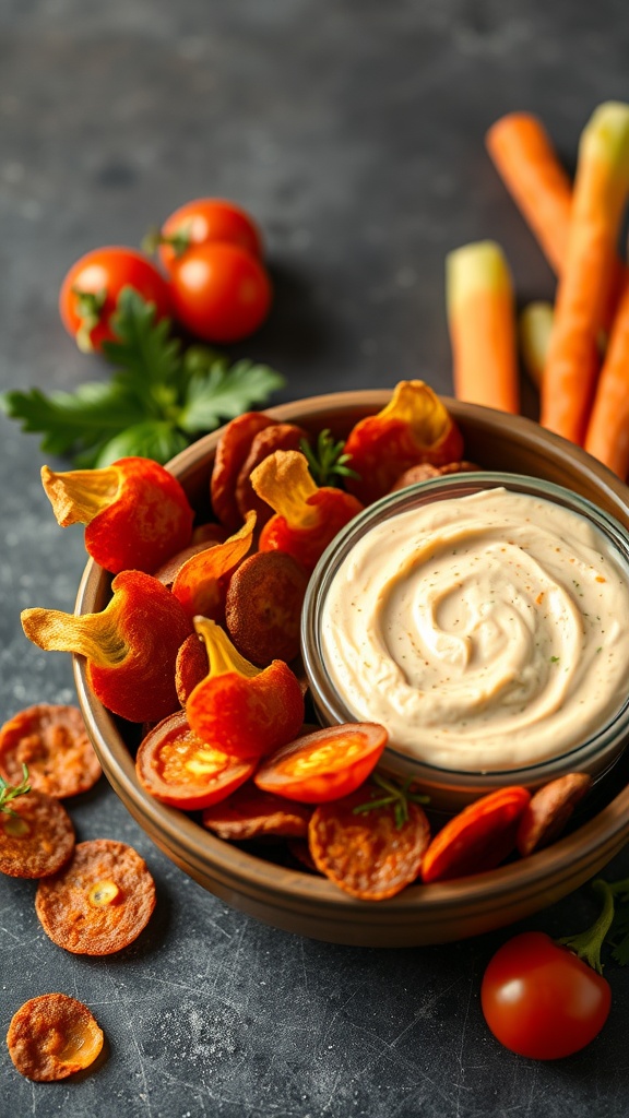 A bowl of pepperoni chips with a creamy dip, surrounded by cherry tomatoes and carrot sticks.