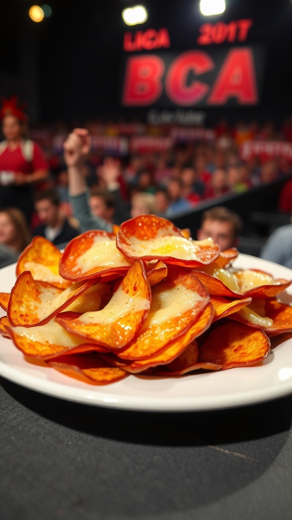 A plate of pepperoni chips topped with melted cheese