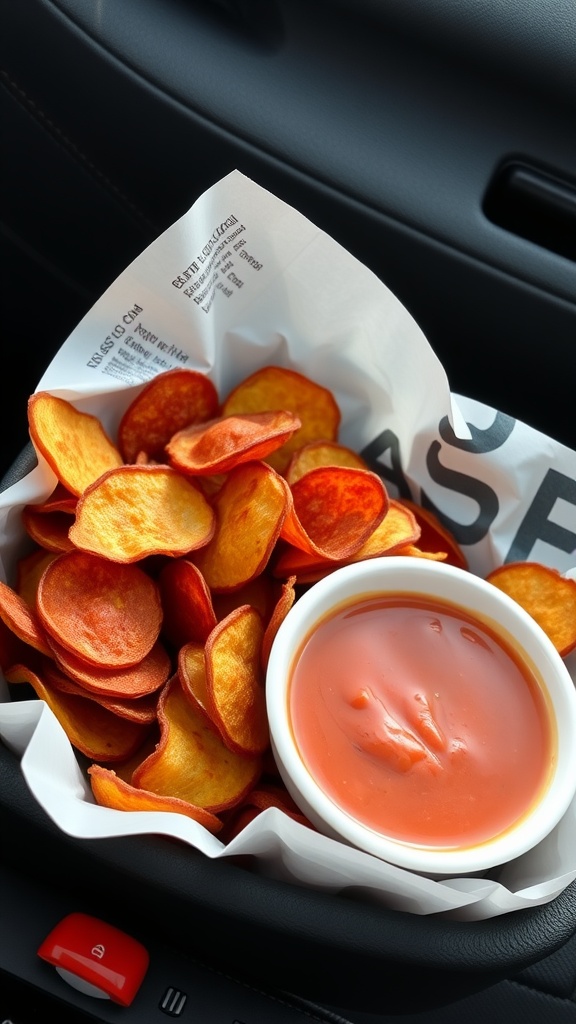 A bowl of pepperoni chips served with a red dipping sauce in a car.