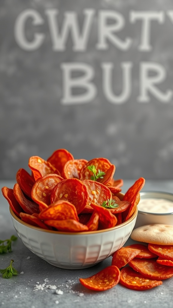 A bowl of crispy pepperoni chips with a small dish of dip beside it, on a textured surface.