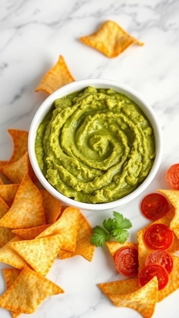 A bowl of guacamole surrounded by pepperoni chips and fresh cilantro