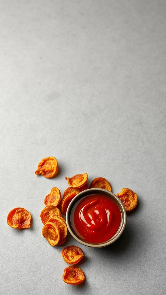 A bowl of marinara sauce surrounded by crispy pepperoni chips.