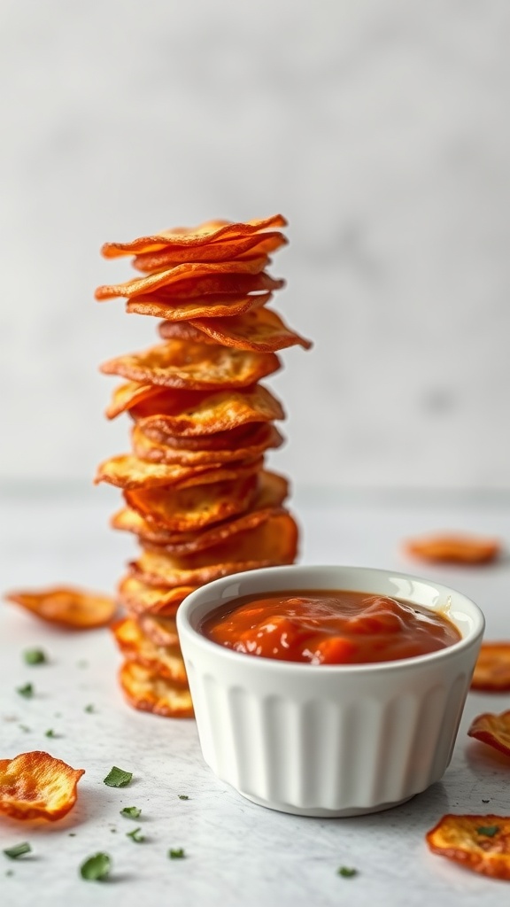 A stack of crispy pepperoni chips next to a small bowl of marinara sauce.