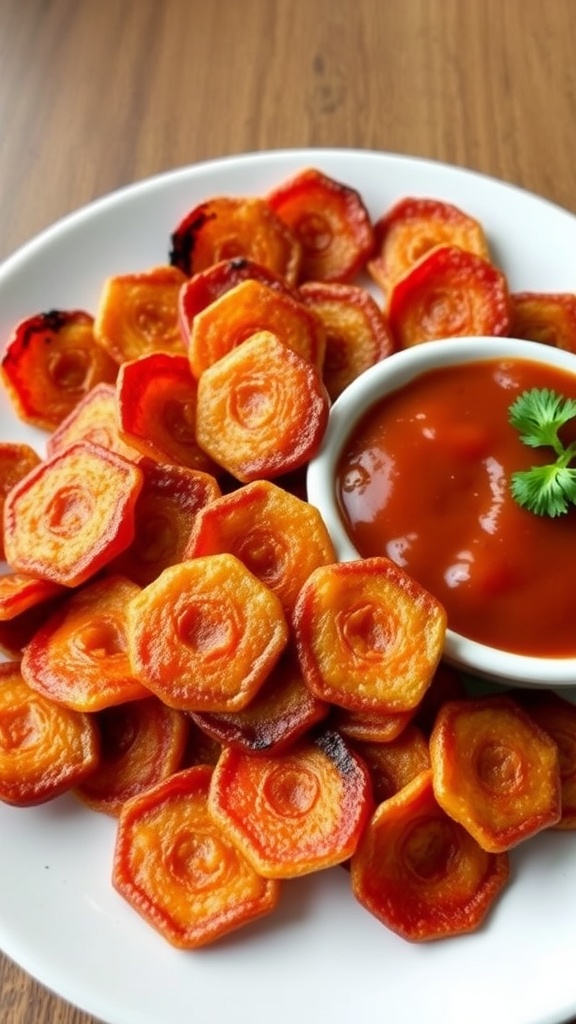 A plate of crispy pepperoni chips arranged around a bowl of marinara sauce.