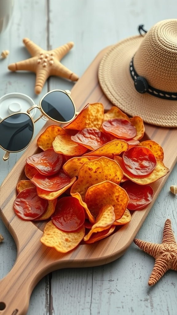 A wooden board with pepperoni crisps, sunglasses, and a straw hat on a beach-themed setup.