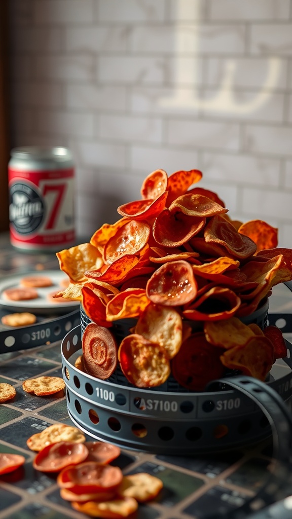 A pile of colorful pepperoni crisps in a basket, surrounded by scattered pieces and a can of soda.