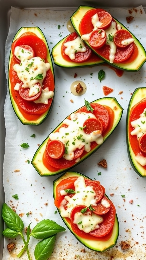 Four zucchini boats filled with pepperoni, tomato sauce, and cheese on a baking tray.