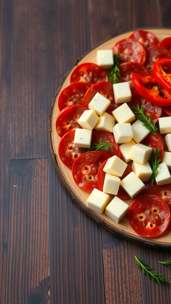 A platter of pepperoni slices and cheese cubes with some herbs.