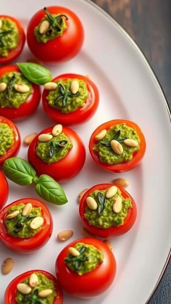 A plate of pesto-stuffed cherry tomatoes topped with pine nuts and basil leaves.