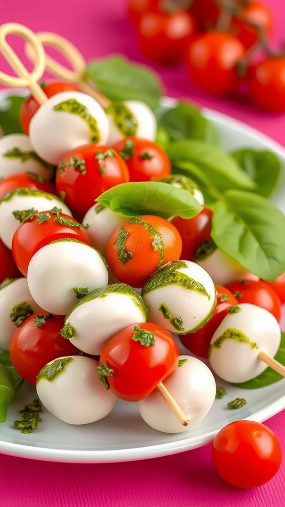 Plate of Pesto Caprese Salad Skewers with cherry tomatoes, mozzarella, and basil