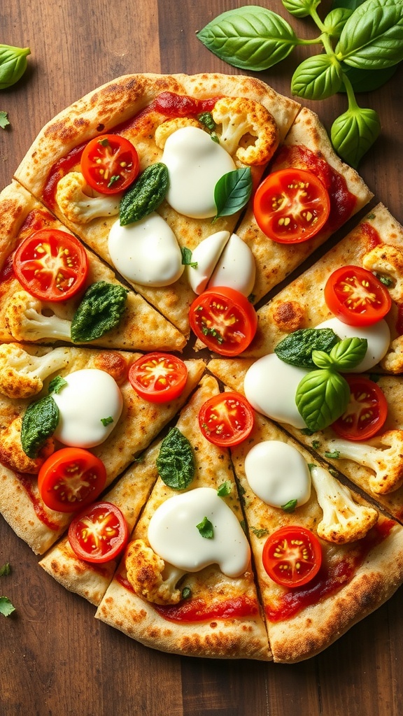 A delicious cauliflower pizza topped with pesto, tomatoes, and mozzarella cheese.