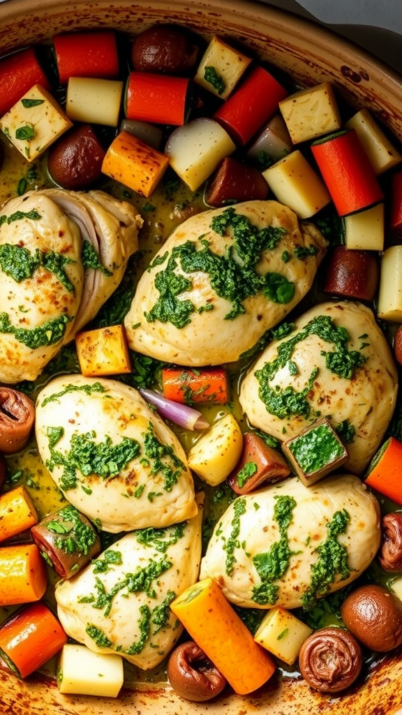 Pesto chicken and assorted vegetables in a baking dish