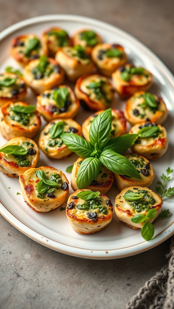 A platter of pesto chicken bites garnished with fresh basil.