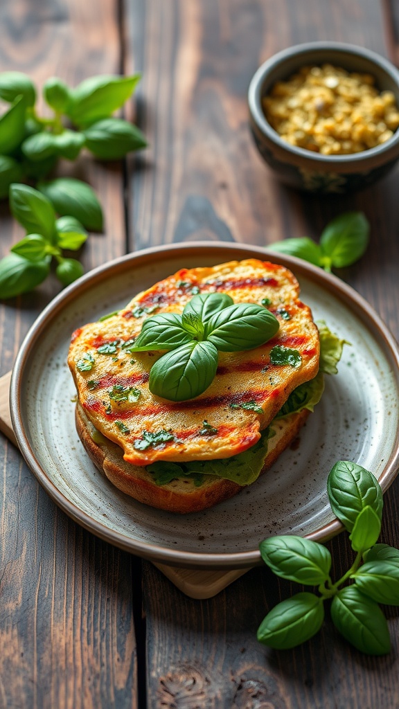 A Pesto Chicken Breakfast Sandwich with fresh basil on a wooden table.