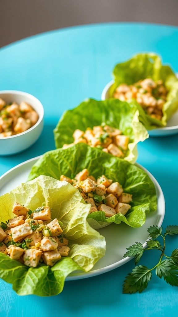 Lettuce wraps filled with chicken salad on a vibrant blue table.