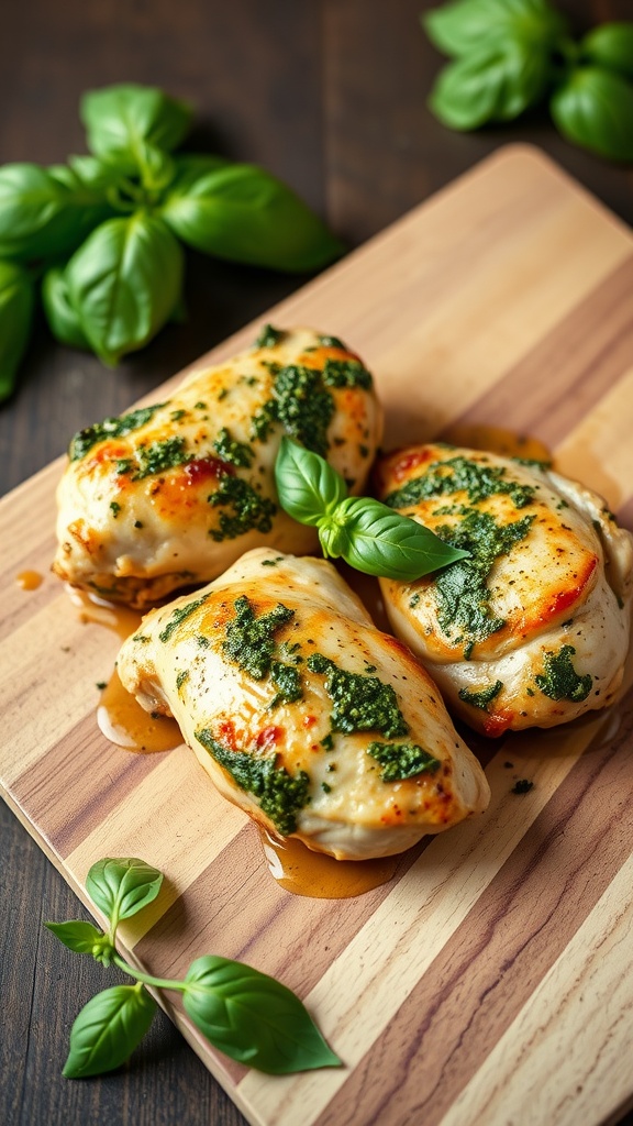 Three pesto chicken thighs on a wooden cutting board with fresh basil leaves.