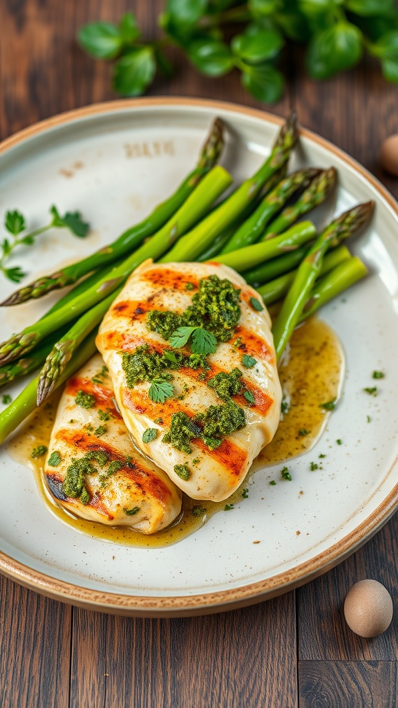 A plate of grilled pesto chicken with asparagus on a wooden table.