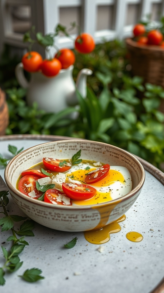 A bowl filled with eggs, cherry tomatoes, and pesto, garnished with herbs.