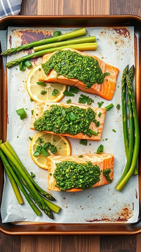 A sheet pan with salmon fillets topped with pesto, surrounded by asparagus and lemon slices.