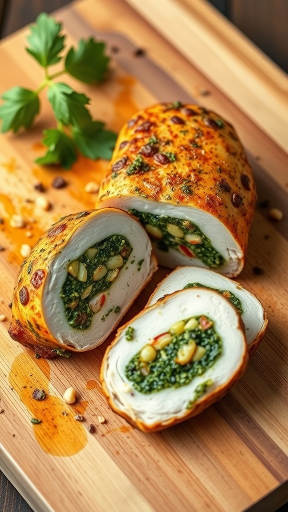 Sliced pesto stuffed chicken breast on a wooden cutting board, garnished with herbs.