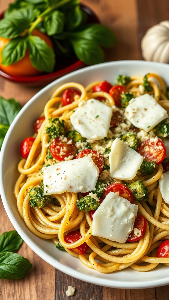 Bowl of pesto zoodle bake with cherry tomatoes and cheese on top.