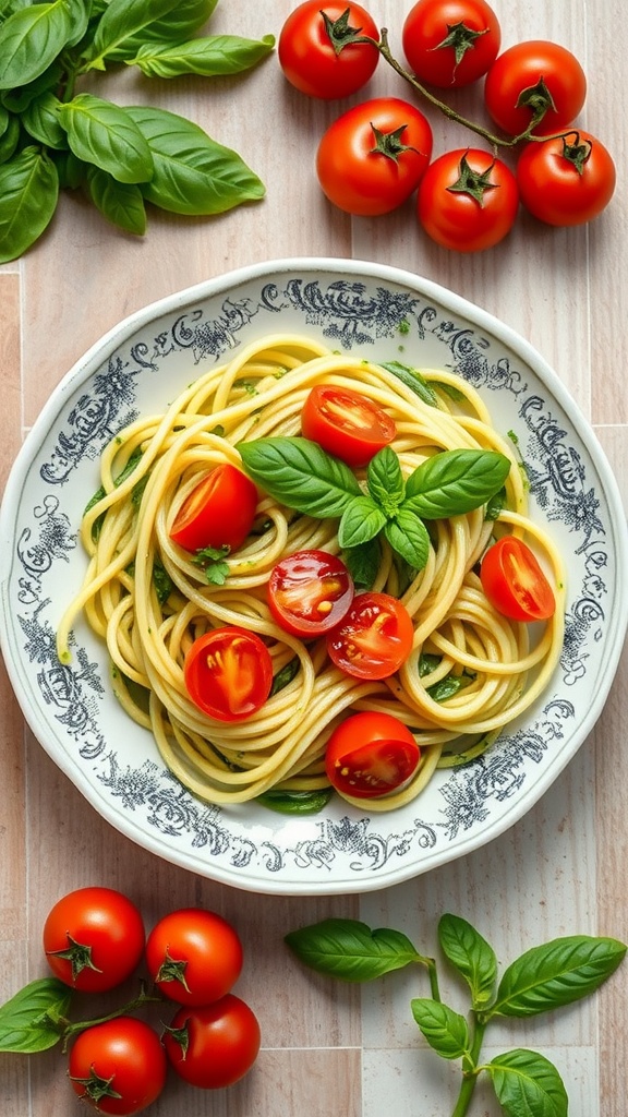 A bowl of zoodles topped with cherry tomatoes and fresh basil.