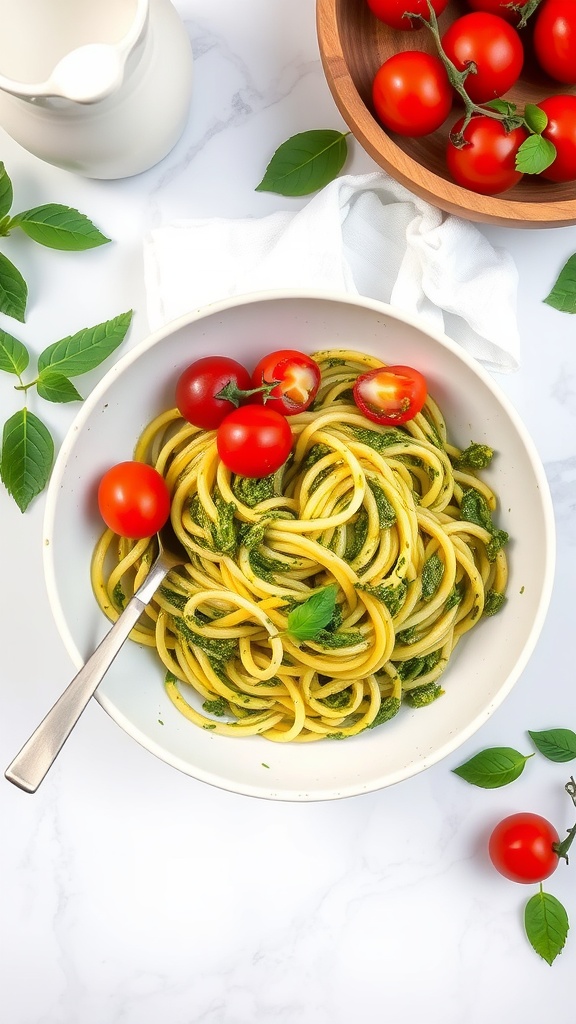 A bowl of pesto zoodle salad with cherry tomatoes and basil, on a marble surface.