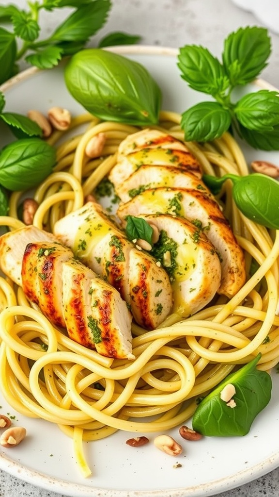 A plate of pesto zoodles topped with grilled chicken and garnished with fresh basil.