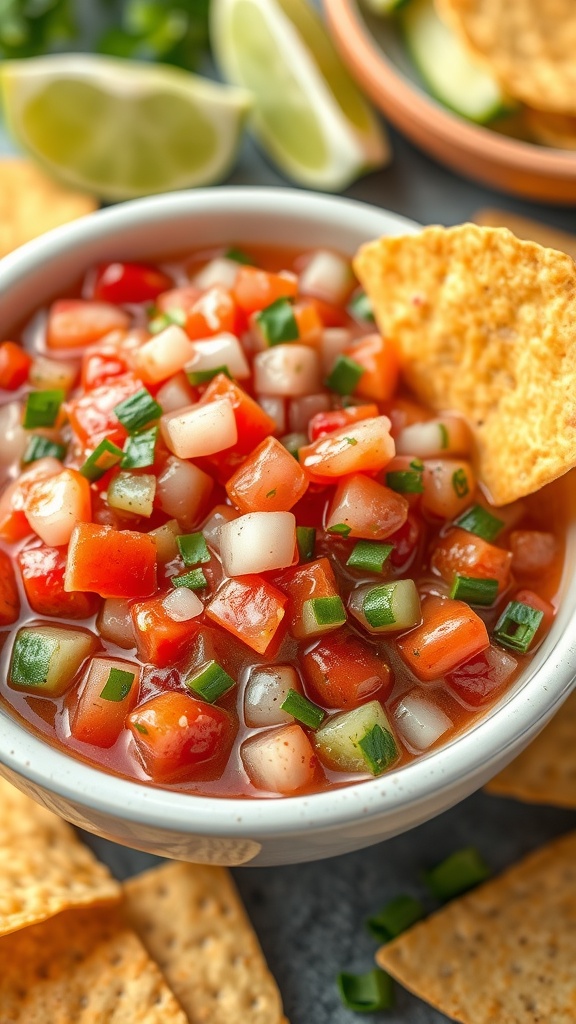 A bowl of pico de gallo with cucumber, surrounded by tortilla chips and fresh ingredients.