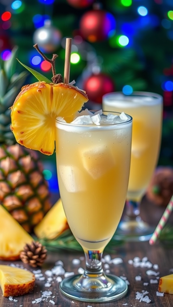 Two glasses of Pineapple Coconut Fizz with pineapple slices and holiday decorations in the background.