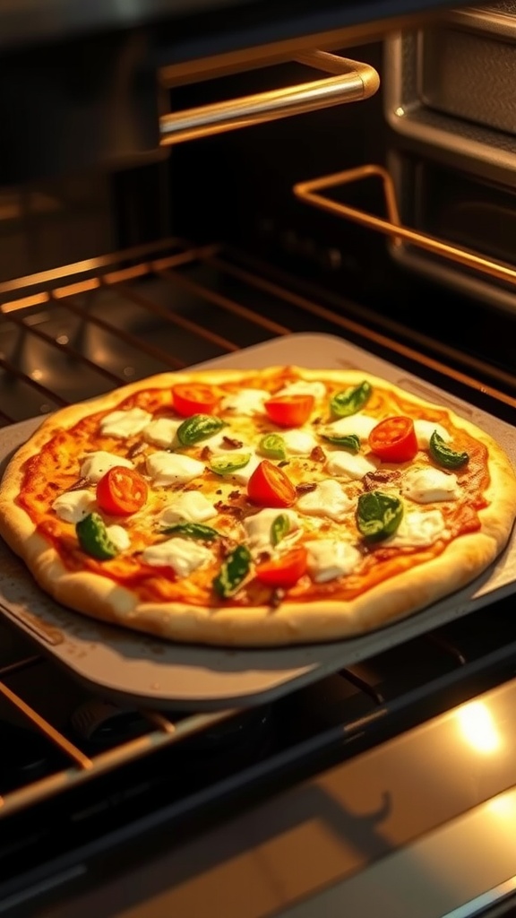 A freshly baked low-carb pizza with tomatoes and basil on a pizza stone inside an oven.