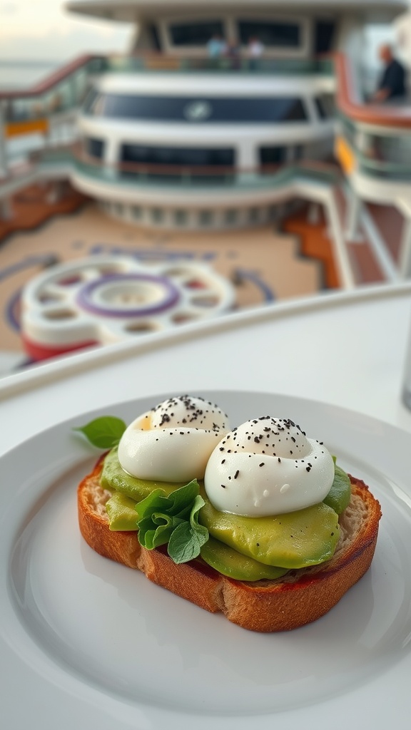 Breakfast dish with poached eggs and avocado on toast with a cruise ship backdrop.