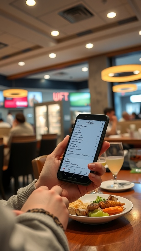 A person looking at a phone menu while holding a plate of food at a buffet.