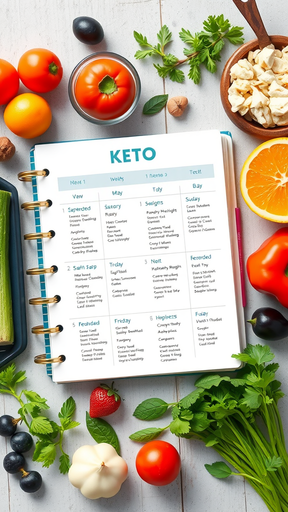 A colorful layout of keto meal prep ideas with fresh vegetables and a planner.