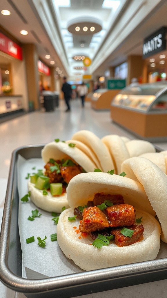 Delicious pork belly bao buns served in a food court setting.