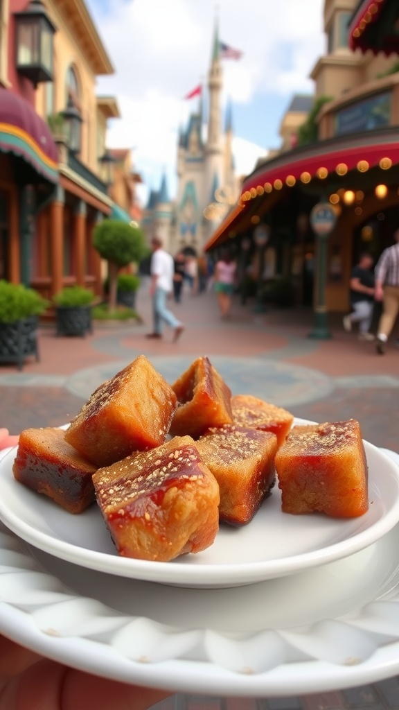 Plate of pork belly bites with a blurred view of a Disney park in the background.