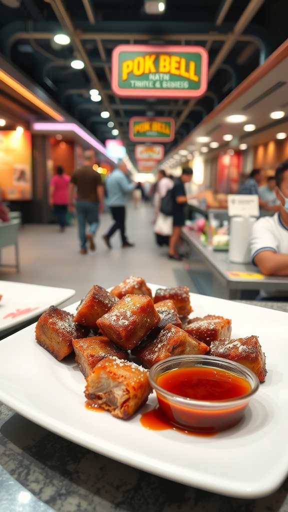 A plate of crispy pork belly bites with a side of dipping sauce in a food court setting.