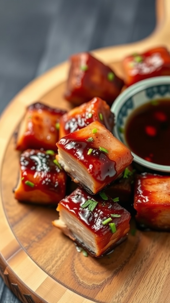 Plate of pork belly bites glazed with soy sauce and topped with green onions