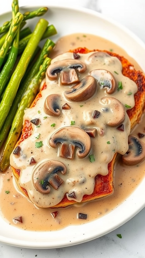 A plate featuring pork chops in creamy mushroom sauce alongside asparagus.