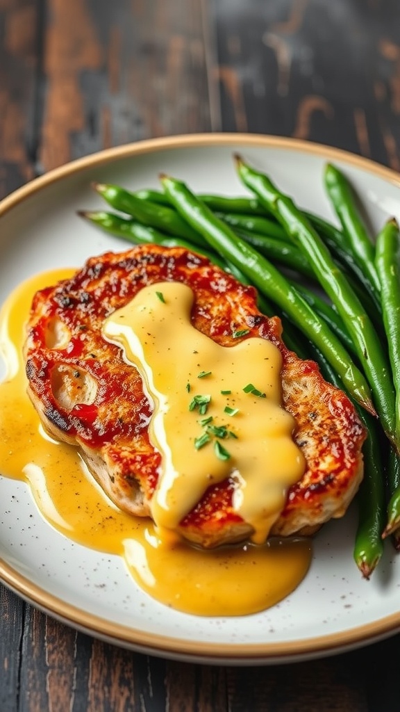 Deliciously plated pork chops with creamy mustard sauce and green beans