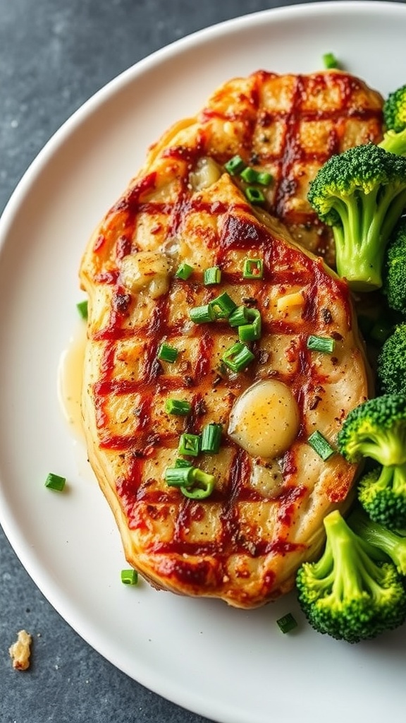 Grilled pork chops with garlic butter and broccoli on a plate