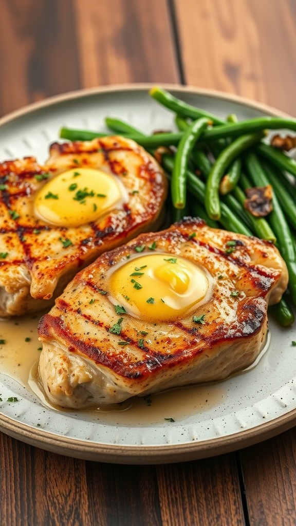 Delicious pork chops topped with garlic butter and served with green beans.