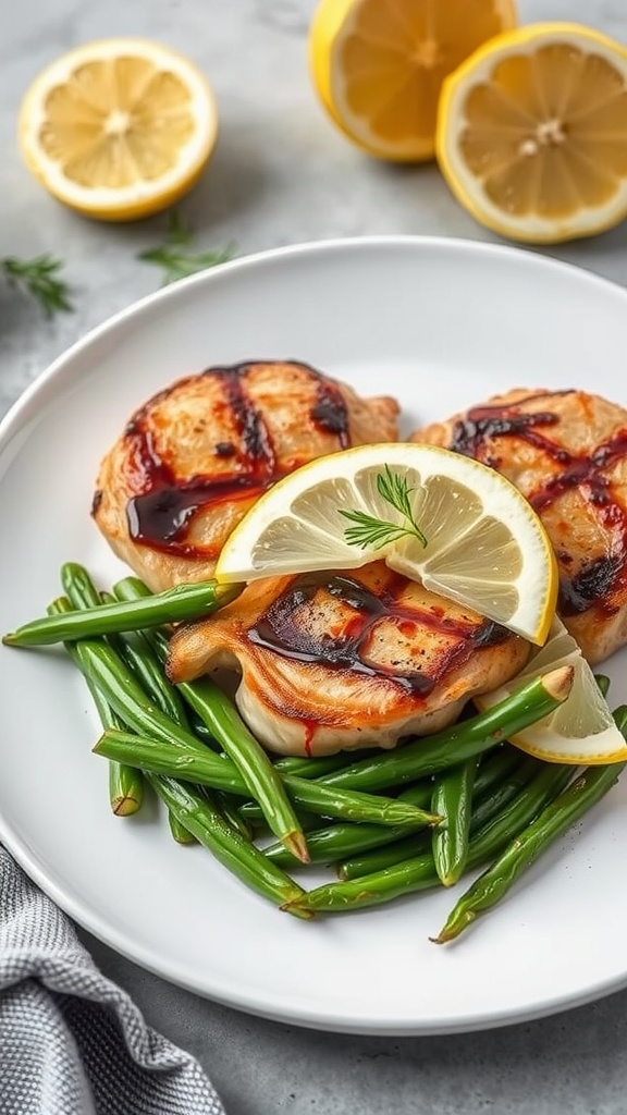 A plate of grilled pork chops served with garlic green beans and lemon slices.