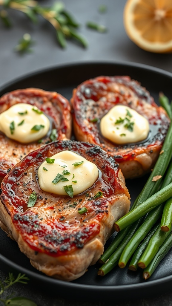 Juicy pork chops with garlic herb butter and green beans on a black plate