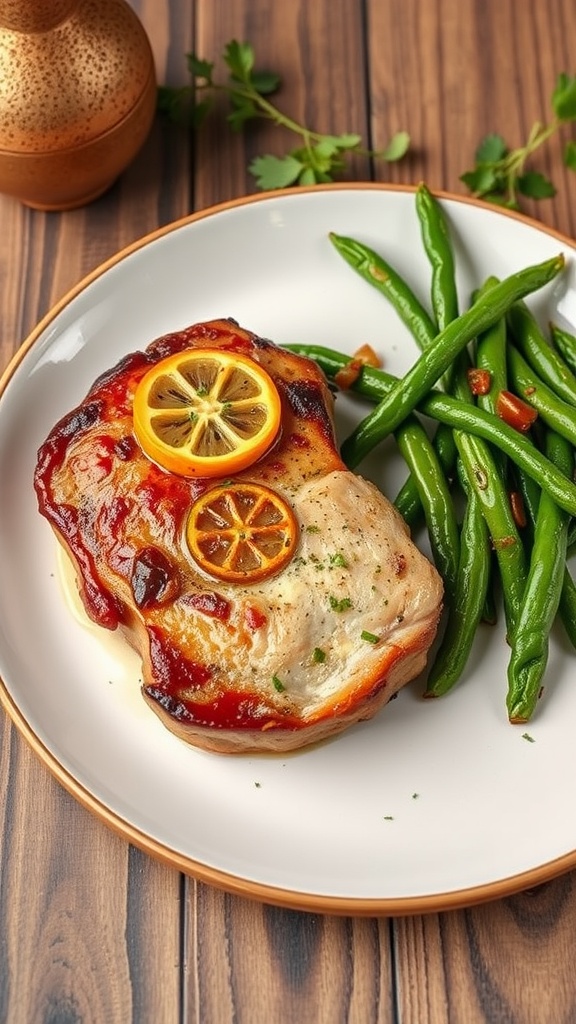 A plate featuring a pork chop topped with lemon slices and a side of green beans.