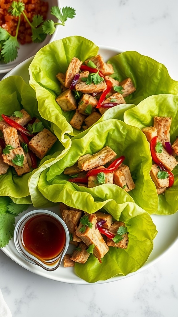 Pork lettuce wraps filled with vegetables and served with hoisin sauce.